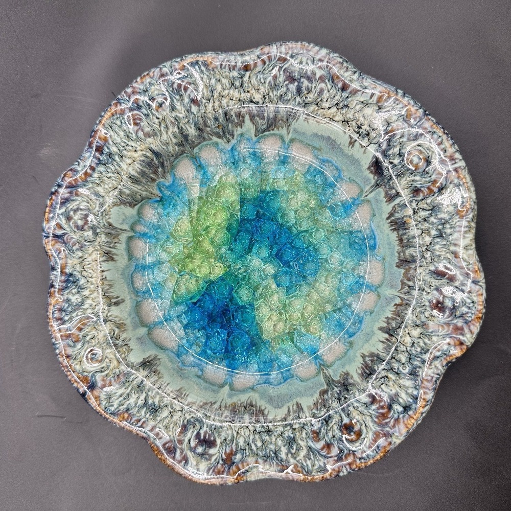 Vtg Blue Brown Green Recycled Glass Round Natural Stonewear Trinket Dish 6.25"